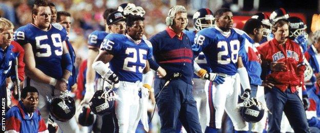 Bill Belichick (far right) was assistant coach for the New York Giants. They beat the Buffalo Bills 20-19