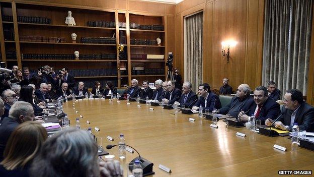 The first cabinet meeting for the new Greek Syriza-led government. The left-wing party came under fire from Spain for its lack of women in top posts.