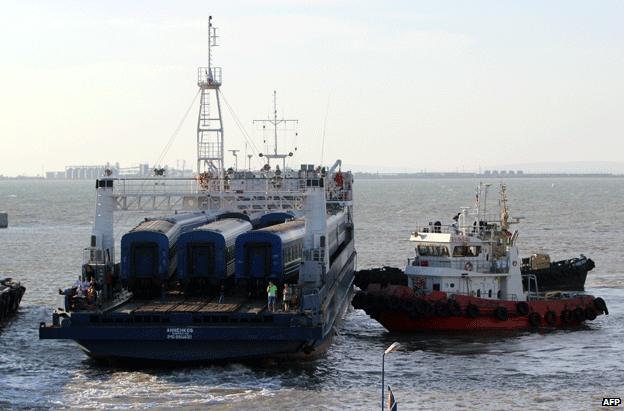 A rail ferry arrives in Kerch, Crimea, from Port Kavkaz in Russia, 4 August 2014