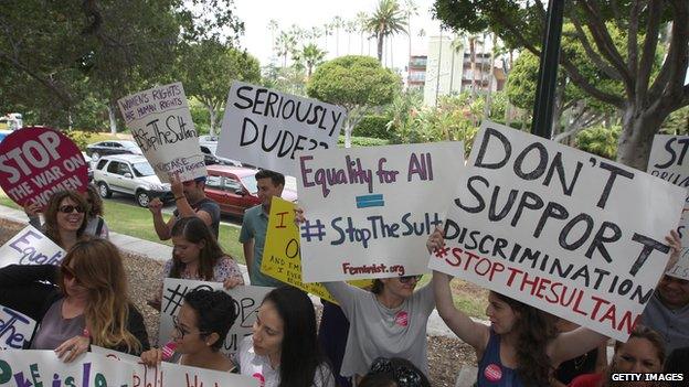 Protestors gather in Beverly Hills, California.