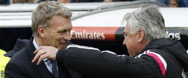 Real Sociedad manager David Moyes greets Real Madrid manager Carlo Ancelotti