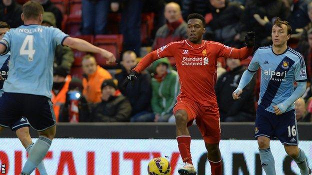 Liverpool's Daniel Sturridge in action against West Ham United