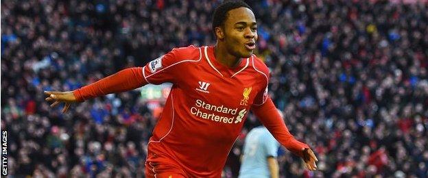 Liverpool forward Raheem Sterling celebrates scoring against West Ham