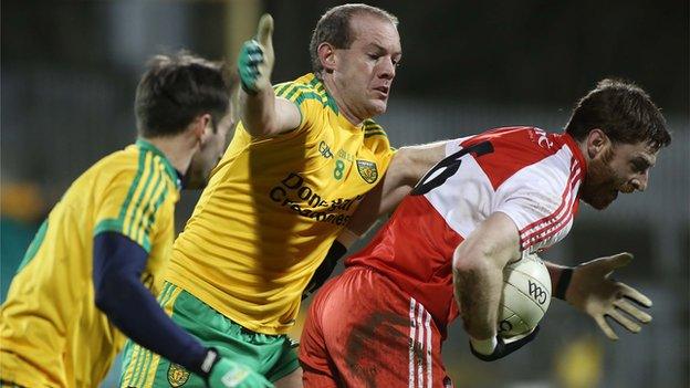 Donegal's Karl Lacey and Neil Gallagher battle with Derry's Gerard O'Kane at Ballybofey