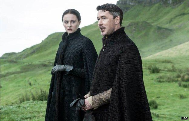 Sophie Turner as Sansa Stark and Aidan Gillen as Littlefinger