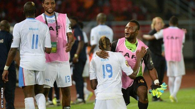 Yannick Bolasie (left) leaves the pitch after DR Congo's 4-2 win over Congo