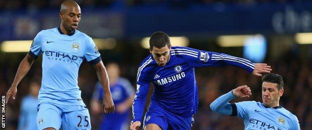 Eden Hazard, Fernandinho and Martin Demichelis