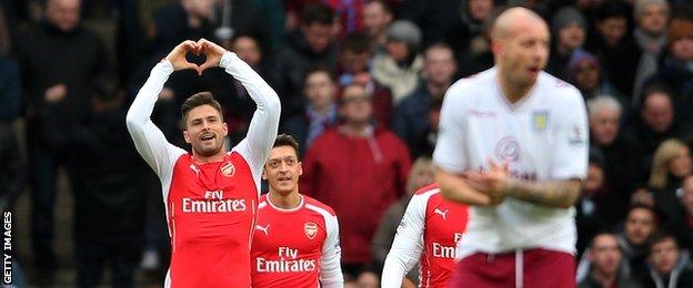 Olivier Giroud (left) celebrates his opening goal for Arsenal