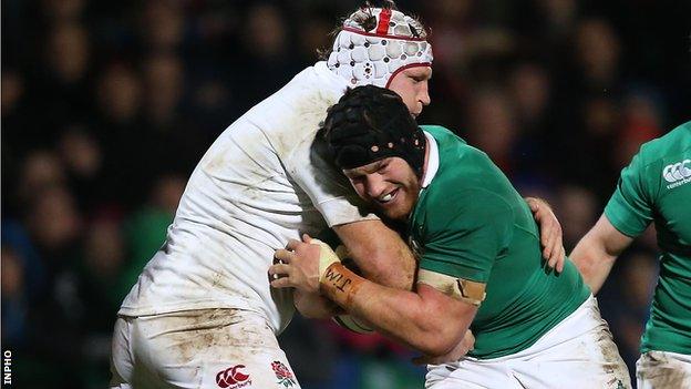 Sean O'Brien battles with Thomas Waldrom in Friday's game between Ireland Wolfhounds and the England Saxons