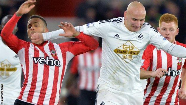 Jonjo Shelvey (R) has scored both his goals for Swansea in 2014-15 away from the Liberty Stadium against Chelsea and Southampton