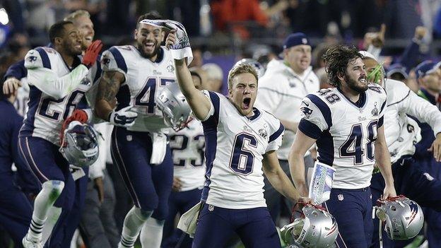 New England Patriots celebrate beating Seattle Seahawks in the Superbowl