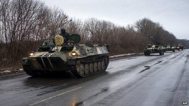 A column of Ukrainian armoured vehicles heads to Debaltseve, (1 Feb)