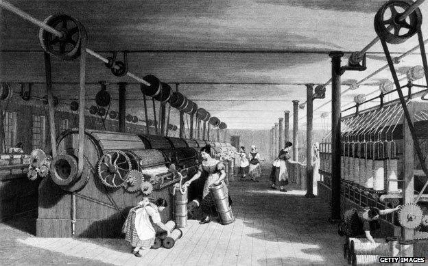 Textile workers in a British cotton factory circa 1840