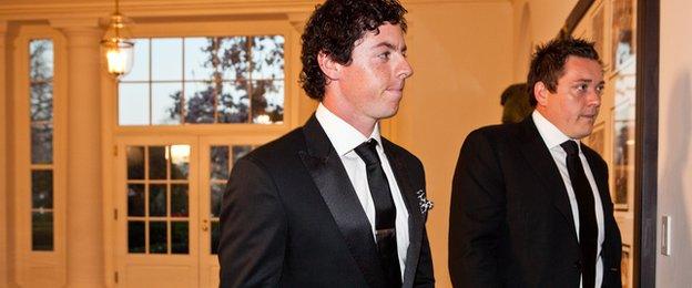 Golfer Rory McIlroy (L) and Conor Ridge arrive for a State Dinner in honor of British Prime Minister David Cameron at the White House on March 14, 2012 in Washington, DC