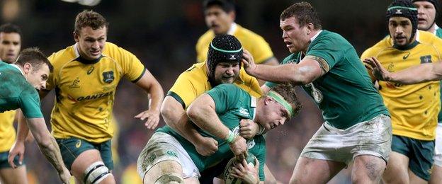 Jamie Heaslip is tackled by Australia's Tetera Faulkner in the November Test in Dublin