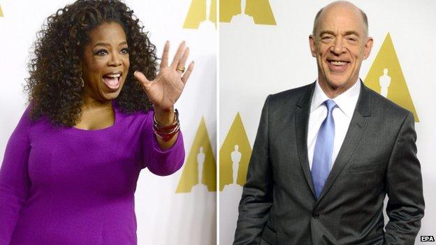 Oprah Winfrey is nominated as a producer of Selma, while JK Simmons is favourite to win the best supporting actor category for his performance in drumming drama Whiplash.