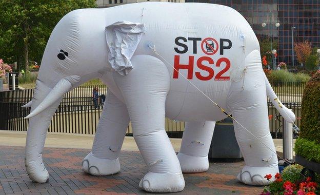 Inflatable white elephant with Stop HS2 logo