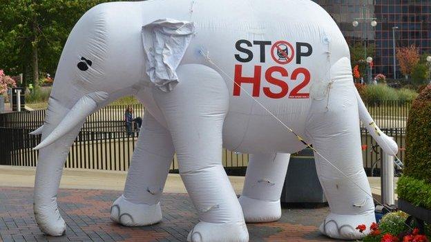 Inflatable white elephant with Stop HS2 logo