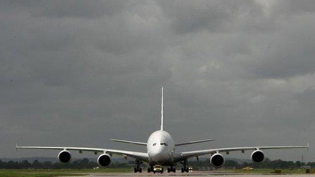 The world's biggest passenger airliner, the giant 555-seater Airbus A380, arrives at London's Heathrow airport