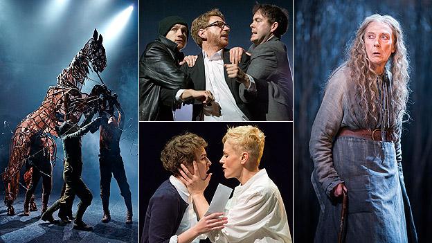 Clockwise from left: The National Theatre's War Horse; Citizens' Hamlet; The RSC's The Witch of Edmonton; The Royal Exchange's Hamlet