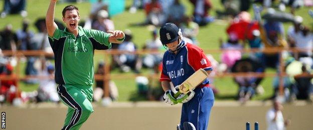 Ireland bowler Boyd Rankin celebrates after dismissing Ed Joyce during the 2007 World Cup