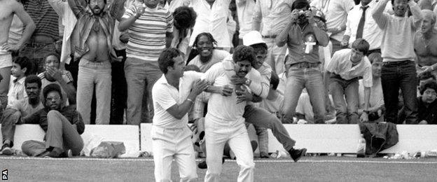 Kapil Dev is mobbed by India fans after catching Viv Richards