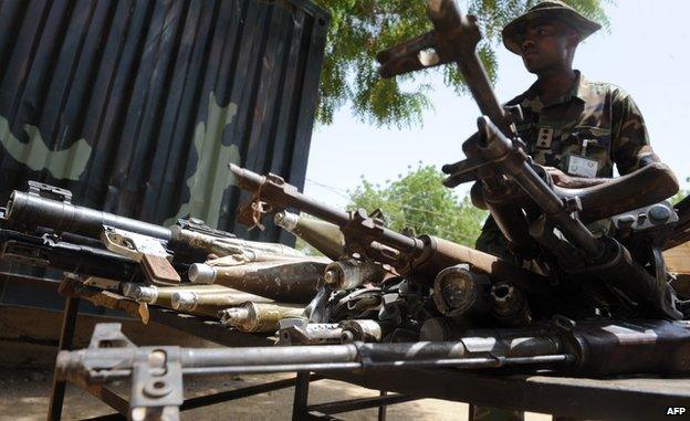 arms and ammunitions recovered from Islamist insurgent during a clash with soldiers