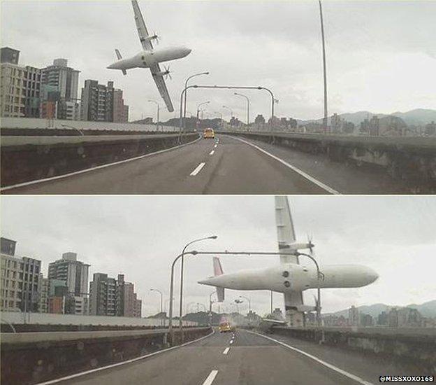 Image of plane crashing over bridge in Taiwan (4 Jan 2015 - image by @Missxoxo168)