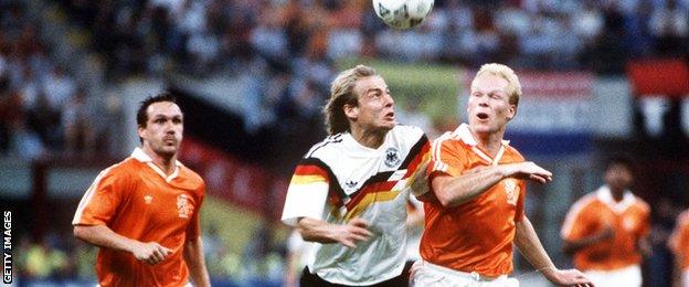 Ronald Koeman in action for Netherlands against Germany at the 1990 World Cup