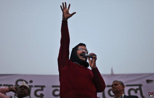 Aam Aadmi Party, or Common Man Party, leader Arvind Kejriwal addresses an election campaign rally in New Delhi, India, Tuesday, Feb. 3, 2015