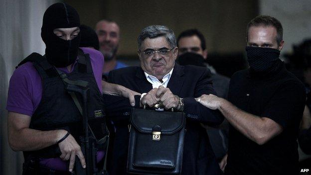 Masked police officers escort the leader of the Golden Dawn, Nikolaos Michaloliakos, in September 2013