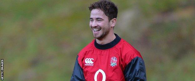 Fly-half Danny Cipriani smiles during an England training session