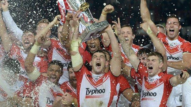 St Helens celebrate their 2014 Super League championship success