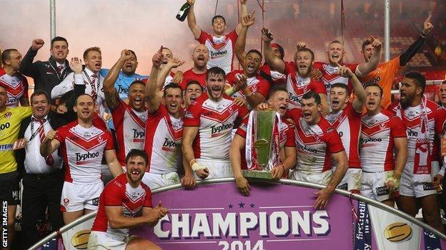 St Helens celebrate their 2014 Super League championship success