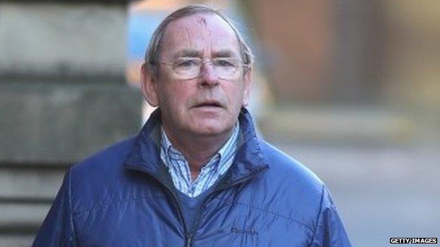 Fred Talbot with an injury on his head after falling while leaving the witness box