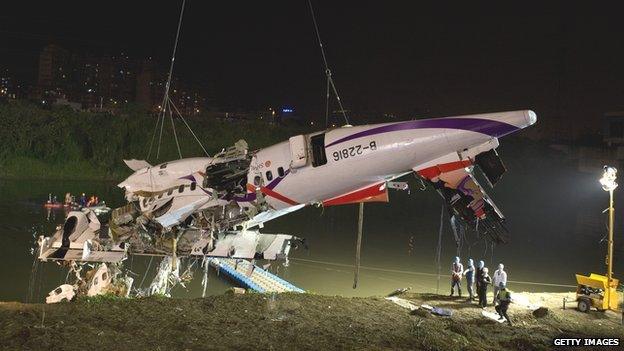 The fuselage of the plane is hauled from the river by crane