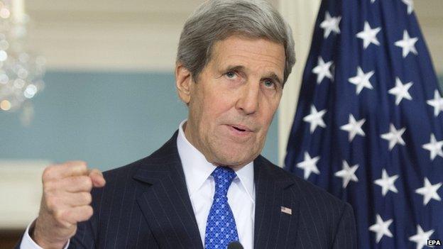 US Secretary of State John Kerry speaks during a joint news conference with EU High Representative Federica Mogherini (unseen) at the State Department in Washington, DC, USA, 21 January 2015