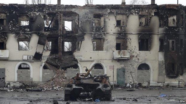 An armoured personal carrier damaged after heavy fighting in the eastern Ukrainian city of Uglegorsk, not far from Debaltseve, Donetsk area, Ukraine - 4 February 2015