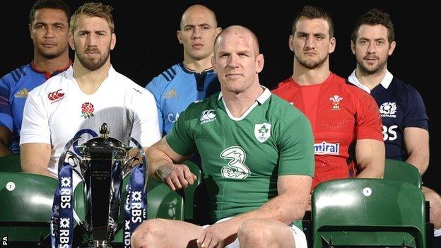 The captains of the six Six Nations countries pose with the tournament trophy