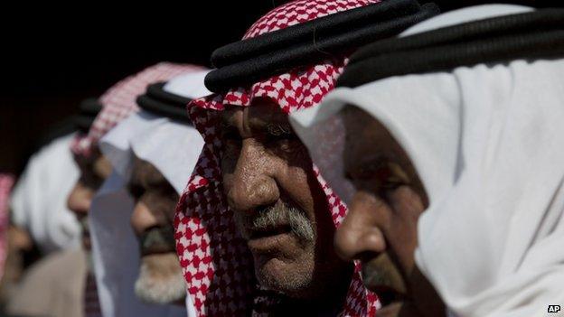Tribe members of slain Jordanian pilot, Lt. Muath al-Kaseasbeh receive mourners at the memorial tent set up for the slain pilot at their home village of Ai near Karak, Jordan