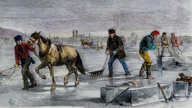 Harvesting ice, North America 1850s