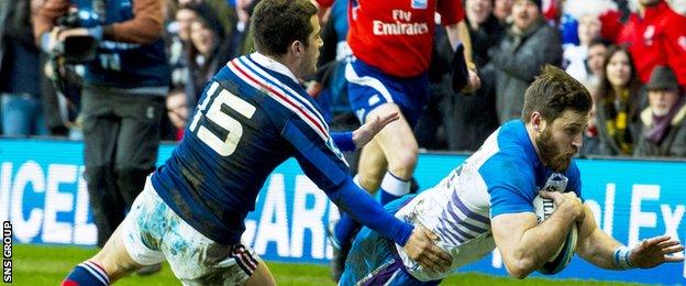 Tommy Seymour touches down for a try against France last year