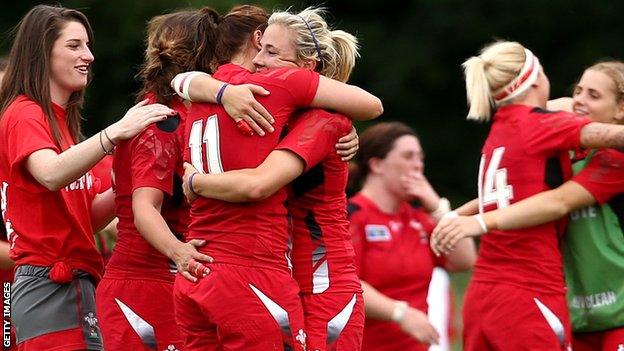 Wales Women celebrate their 35-3 win over South Africa in the 2014 World Cup