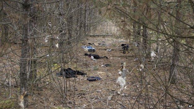 Clothes left behind by illegal immigrants in a forest near Asotthalom, southern Hungary, in December 2014