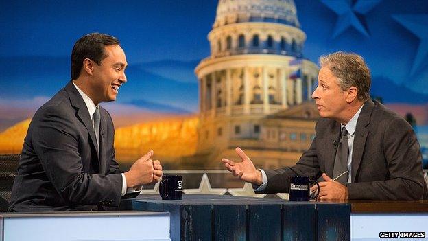 Congressman Joaquin Castro and host Jon Stewart at Austin, Texas 28 October 2014