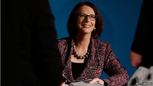 Former Australian Prime Minister Julia Gillard greets fans and signs her new book 'My Story' at the Seymour Centre on 29 September 2014 in Sydney, Australia