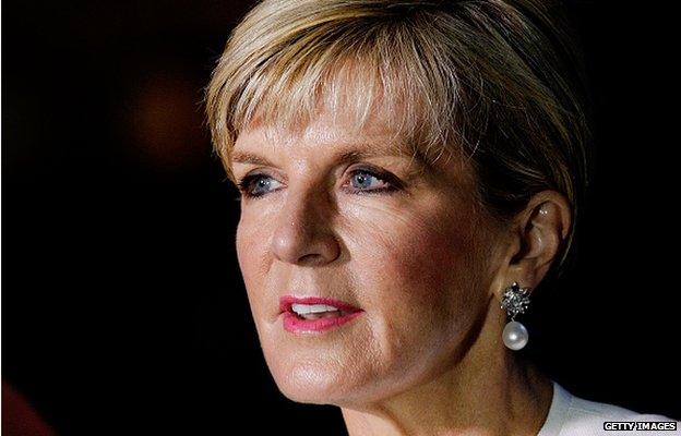 Australian Minister for Foreign Affairs, Julie Bishop speaks with the media during a wreath laying ceremony at the cenotaph in Sydney on Monday, 2 February 2015.