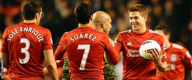 Steven Gerrard with the ball after scoring a hat-trick against Everton