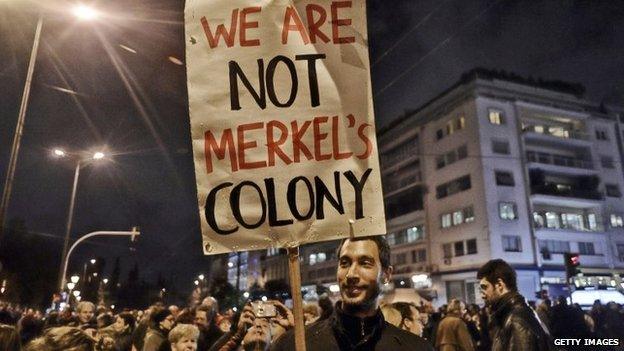 Thousands of demonstrators gather outside the Greek parliament in support of the new government's tough stance with the EU on 5 February 2015 in Athens, Greece.