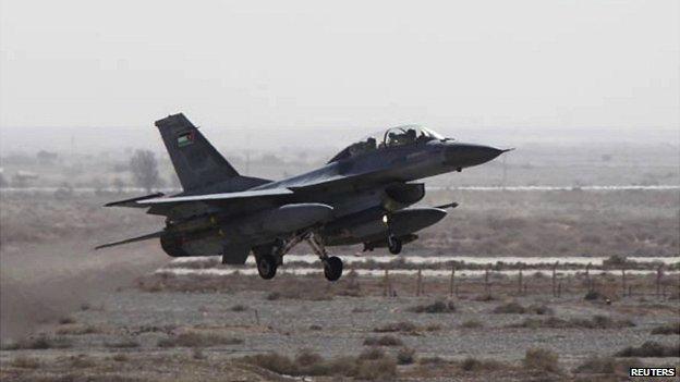 A Royal Jordanian Air Force plane takes off from an air base to strike the Islamic state in the Syrian city of Raqqa - 5 February 2015